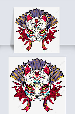 卡通手绘日本狐狸面具插画