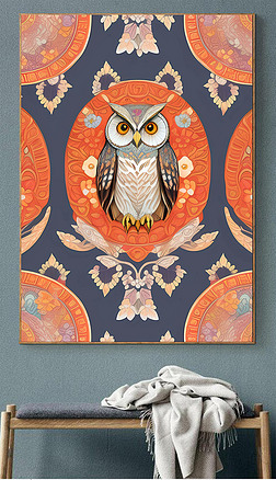 猫头鹰插画传统个性图案几何对称卡通装饰画