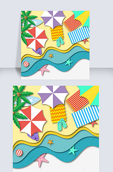 剪纸风格海边夏日度假