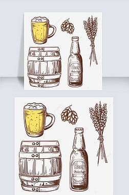 手绘素描酒桶小麦啤酒