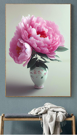 新中式粉色牡丹花盆栽创意设计手绘油画