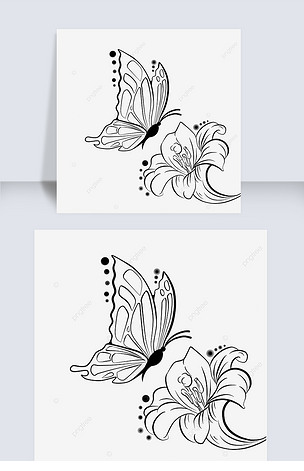 手绘黑色线条蝴蝶与花