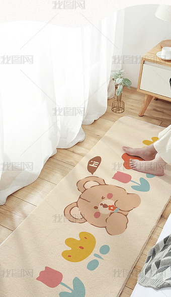 花朵与熊卡通可爱儿童女生卧室床边地垫地毯图案清新