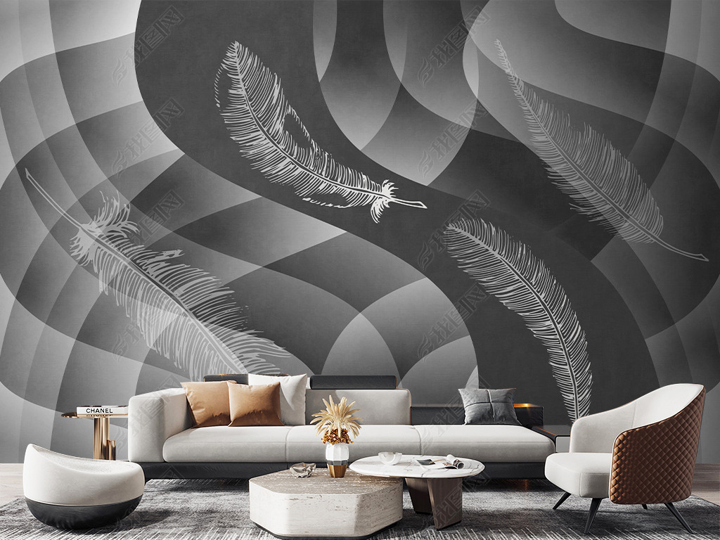 北欧羽毛抽象灰色电视艺术背景墙