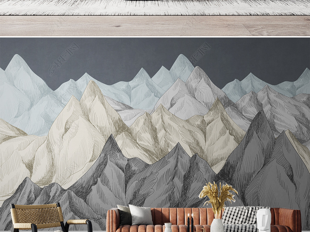 现代简约抽象线条山风景电视沙发背景墙