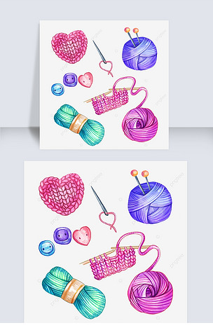 手绘水彩画毛线球线团