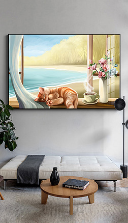 北欧现代清新手绘治愈系风景动物书房餐厅卧室装饰画