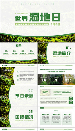 绿色小清新简约世界湿地日节日简介科普PPT模板
