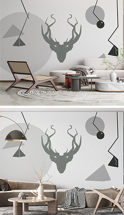 手绘极简北欧麋鹿几何图形抽象吊灯背景墙
