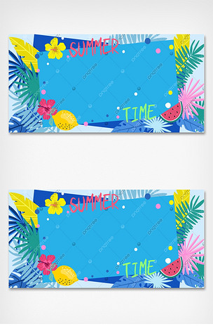 蓝色夏季龟背叶边框背景