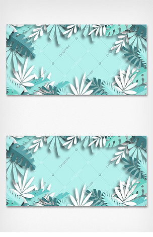 夏季热带森林折纸艺术风格龟背叶边框蓝色背景