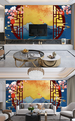 中式手绘古典花鸟圆月古典电视背景墙壁画
