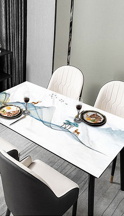 北欧现代简约轻奢山水麋鹿大理石抽象桌布茶几餐桌垫