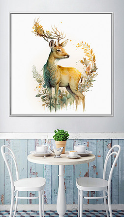 优雅梅花鹿发财鹿手绘新中式原创设计装饰画