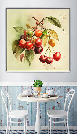 车厘子树枝手绘水彩艺术水果民宿酒店装饰画