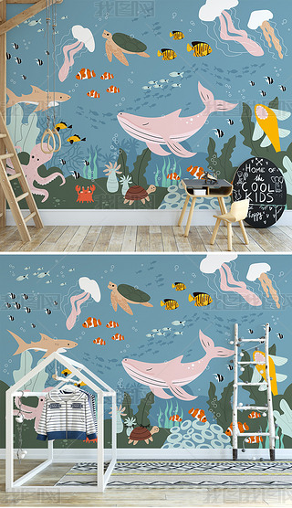北欧ins手绘海底世界卡通鲸鱼热带鱼儿童房背景墙