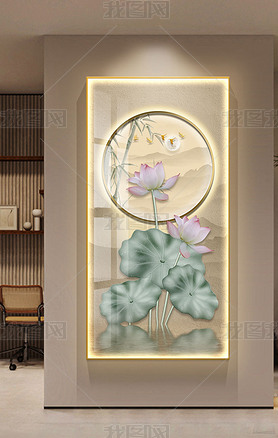 新中式轻奢意境飞鸟福禄荷花玄关客厅茶室装饰画