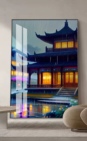 现代简约新中式水墨建筑意境中国画客厅装饰画