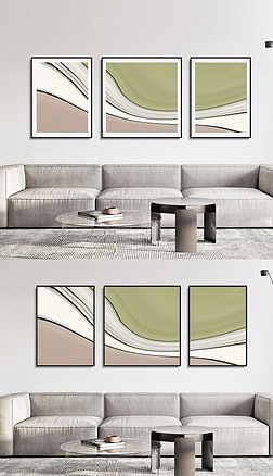 现代抽象绿色肌理线条客厅背景三联装饰画