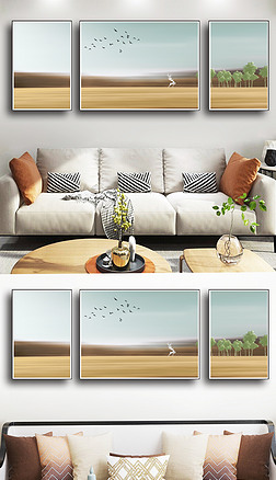 现代简约抽象极简意境山水风景客厅沙发背景墙