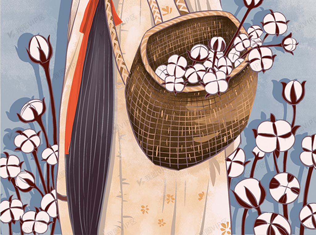 秋分棉花背篓女孩插画
