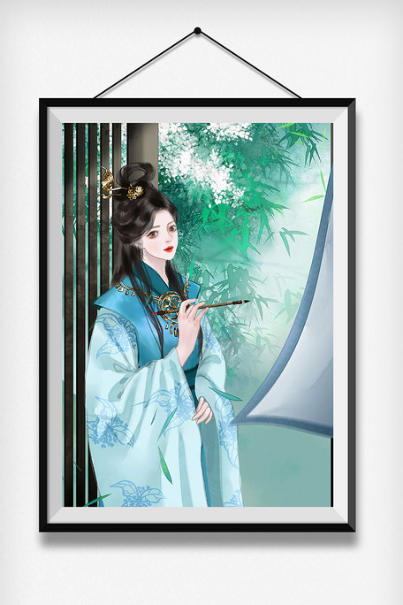 绿色中国风古代女子拿毛笔古风插画