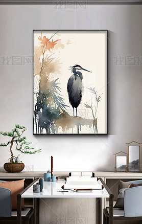 中国风水彩画水边的鸟-装饰画