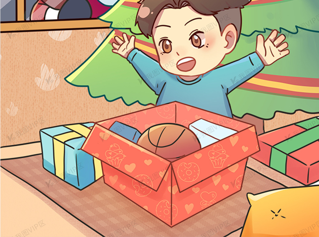 卡通圣诞节拆礼物插画