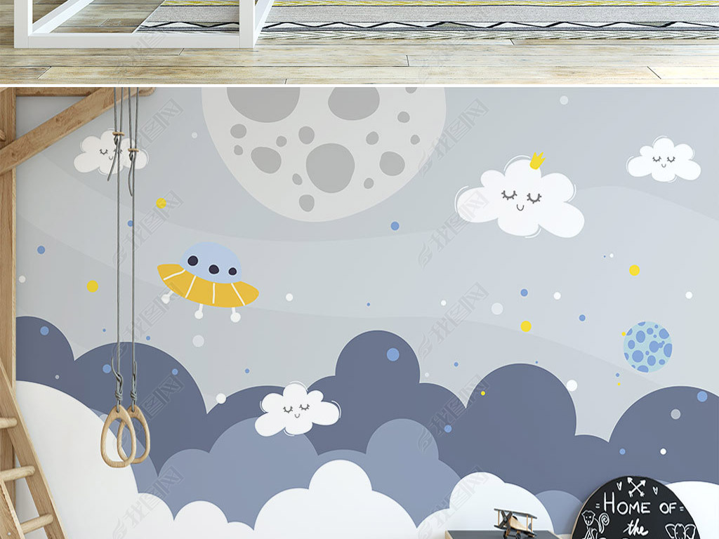 北欧ins手绘卡通太空星球儿童房全屋卡通房背景墙