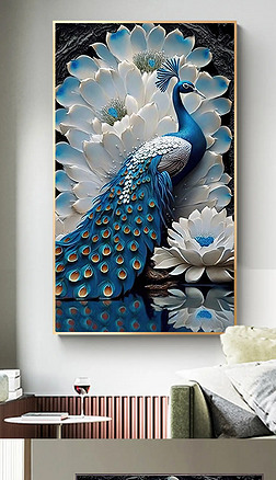 新中式3D立体浮雕蓝孔雀现代简约轻奢烁金装饰画