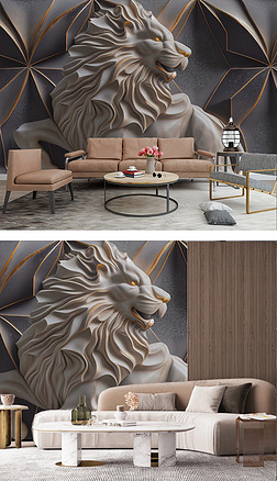 轻奢艺术狮子大理石电视沙发背景墙壁画