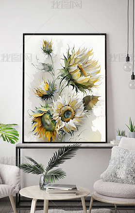 现代简约水彩手绘向日葵花卉植物卧室挂画客厅装饰画