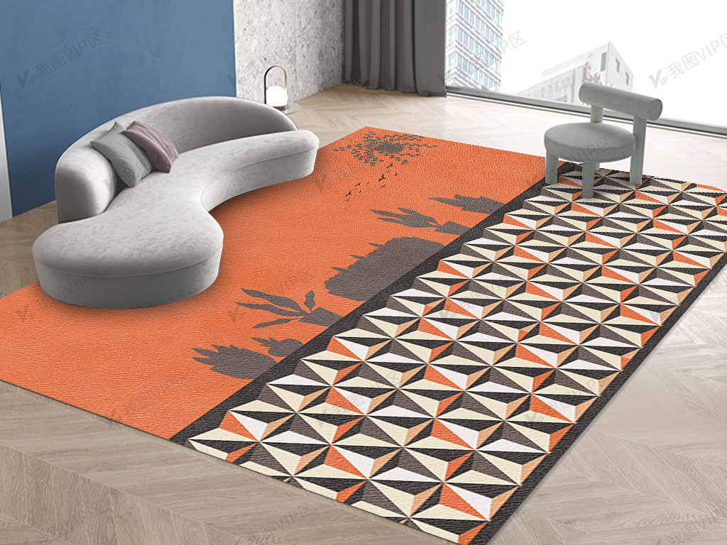 爱马仕橙色小清新绿植几何客厅地毯地