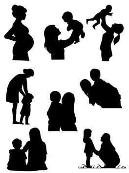 矢量母亲节母子妈妈和孩子手绘剪影