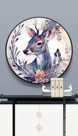 寓意美好装饰画|美好时光麋鹿森林花卉吉祥寓意新中式装饰画