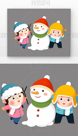 冬令营儿童们一起堆雪人打雪仗冬季男孩女孩堆雪人