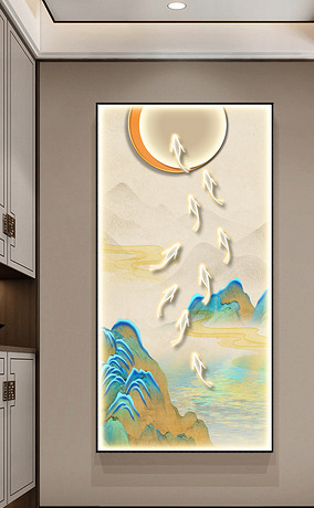新中式山水九鱼走廊过道玄关客厅壁画2