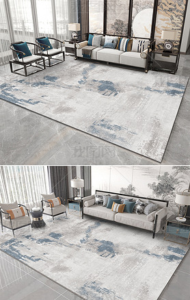 现代新中式蓝色抽象水墨客厅卧室地毯地垫图案设计