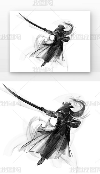 水墨侠客人物戴帽子穿披风手拿刀剑的武侠练武术