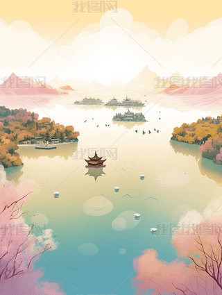 杭州西湖美景插画漫画风格水彩画