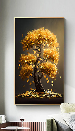 装饰画金币金色树发财树黄金客厅背景走廊画玄关画