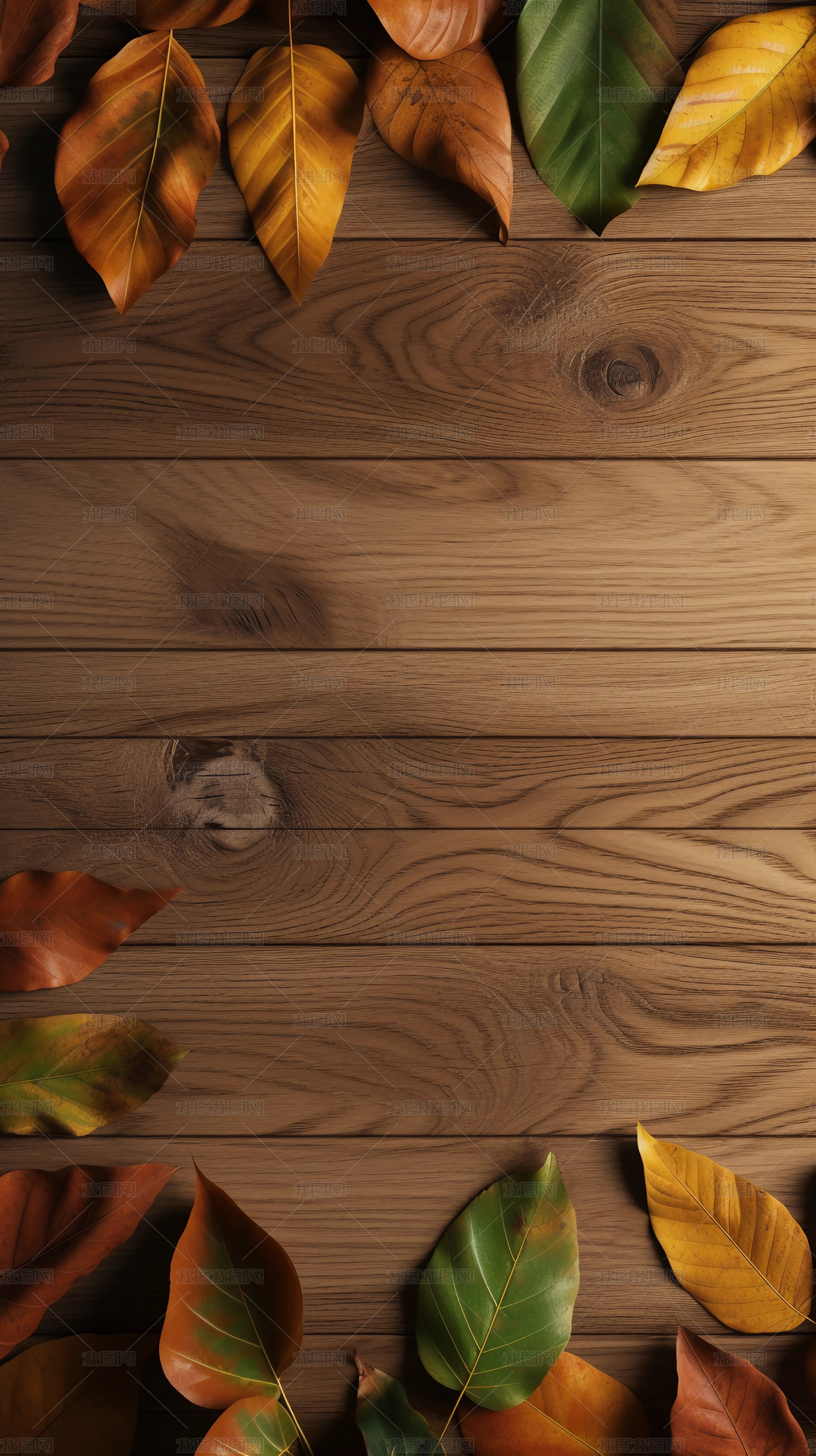 复古木纹木桌子木地板产品展示树叶围绕海报背景下载-编号29518501-科技 