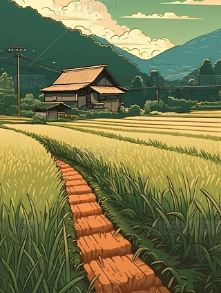 稻田主题插画吉布里风格打造梦幻田园风景