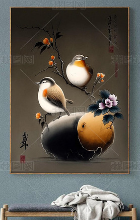 Chinese Painting of Gourd Flowers Birds and Landscapes