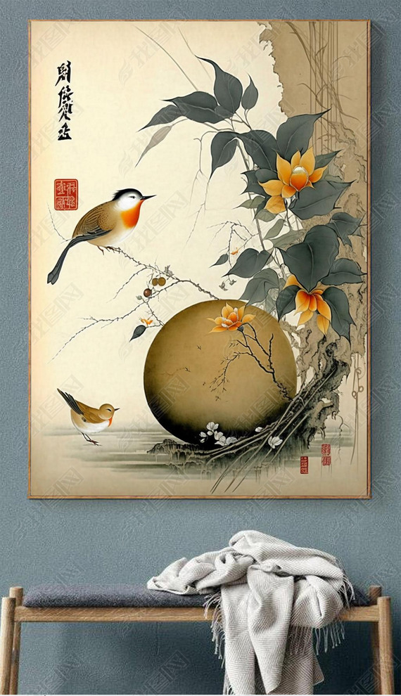 Chinese Gourd Flower and Bird Landscape Figure Painting