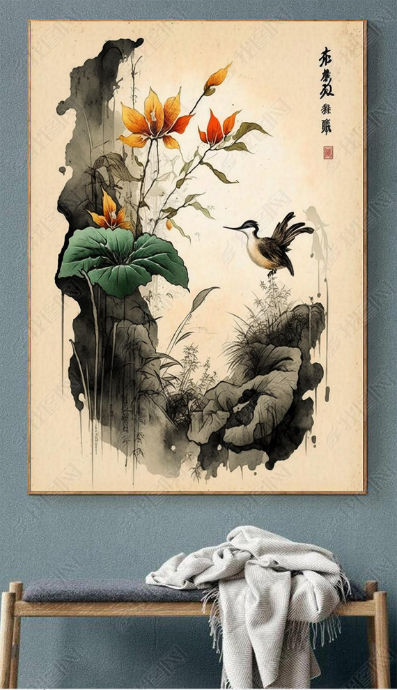 Chinese Brush Painting of Gourd Flower Bird and Landscape