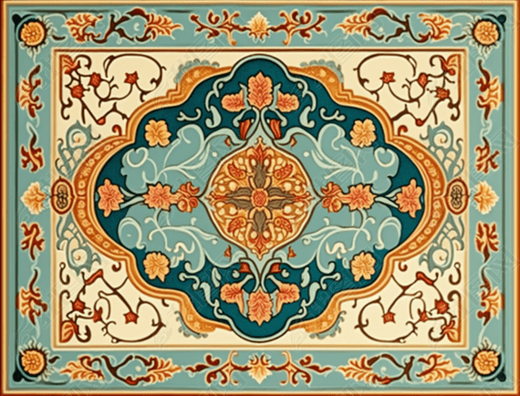 兰色和琥珀色风格的地毯上的阿拉伯图案迷幻插图和精美边框