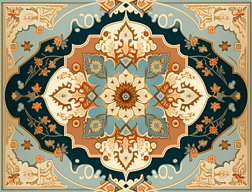 兰色和琥珀色风格的地毯迷幻插图和精美边框花卉和自然元素