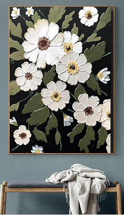 黑色底纹上的白色花卉厚重浓郁的油画风格