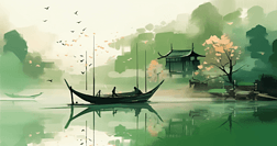 古风动画水上画中的绿色船只精致的画笔